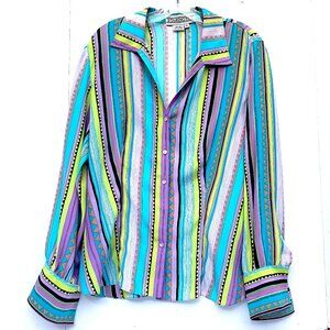 Women’s VTG Starington 100% Silk Multicolor Striped Long Sleeve Blouse, Size 14